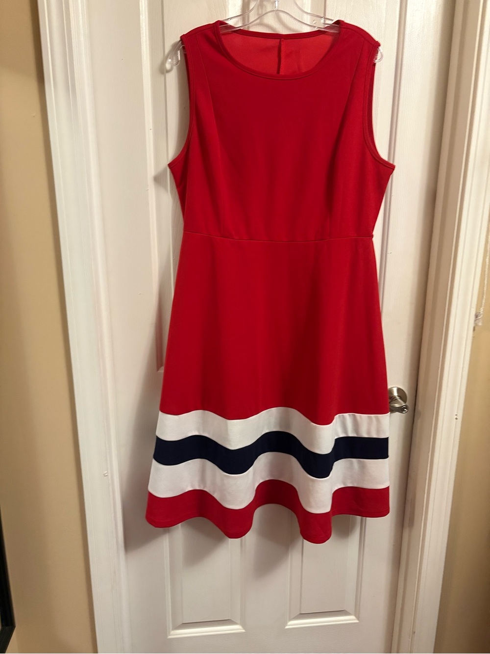 SHEIN Red Sleeveless Fit-and-Flare Dress with Navy and White Stripes